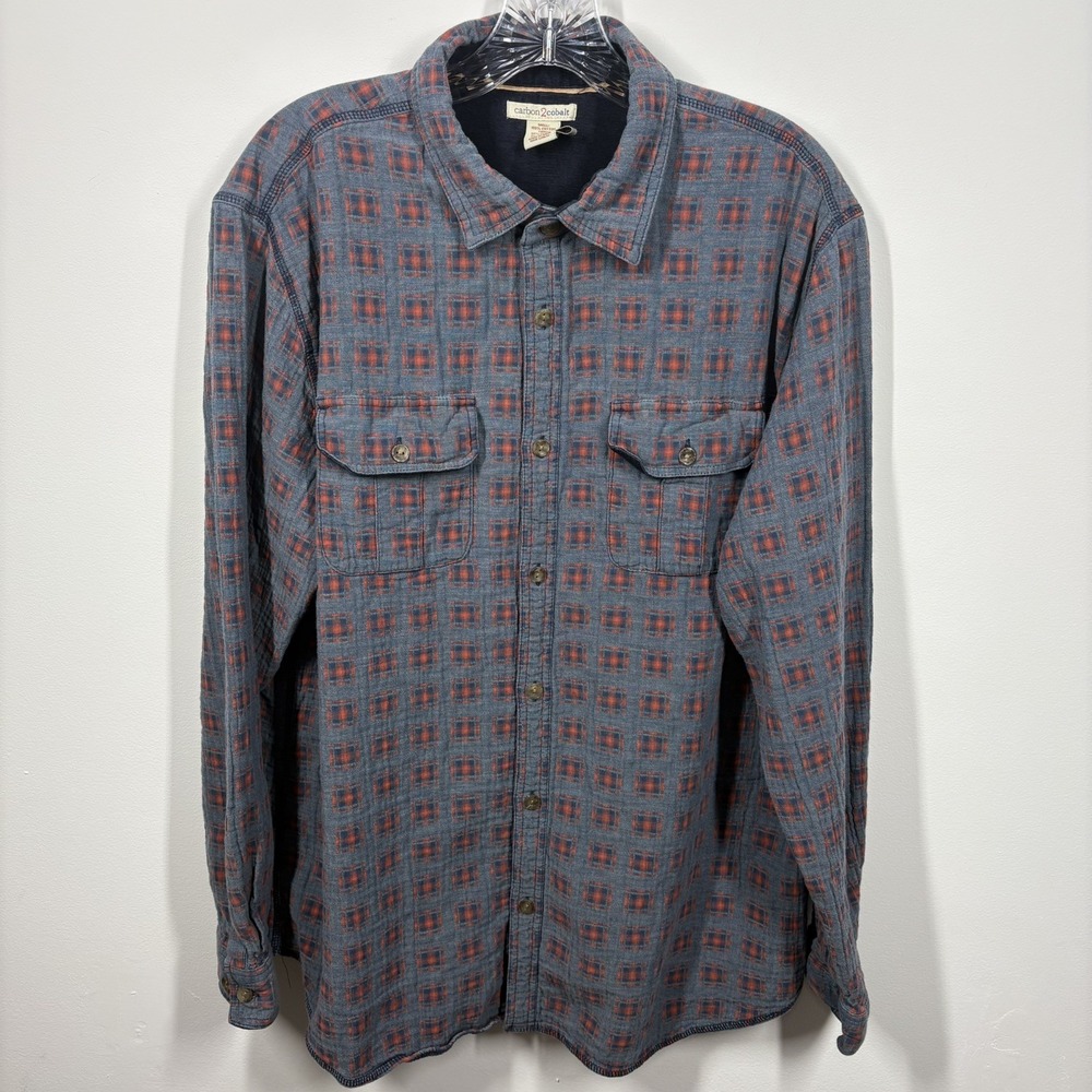 Carbon2Cobalt Men Long Sleeve Camp Shirt Size LT Blue Red Square Outdoors Casual - Picture 2 of 9